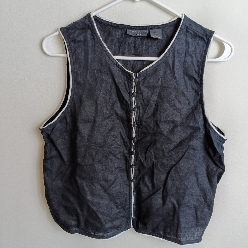 Tahari Linen Vest Womens Large black Excellent Contrast Trim Button Front